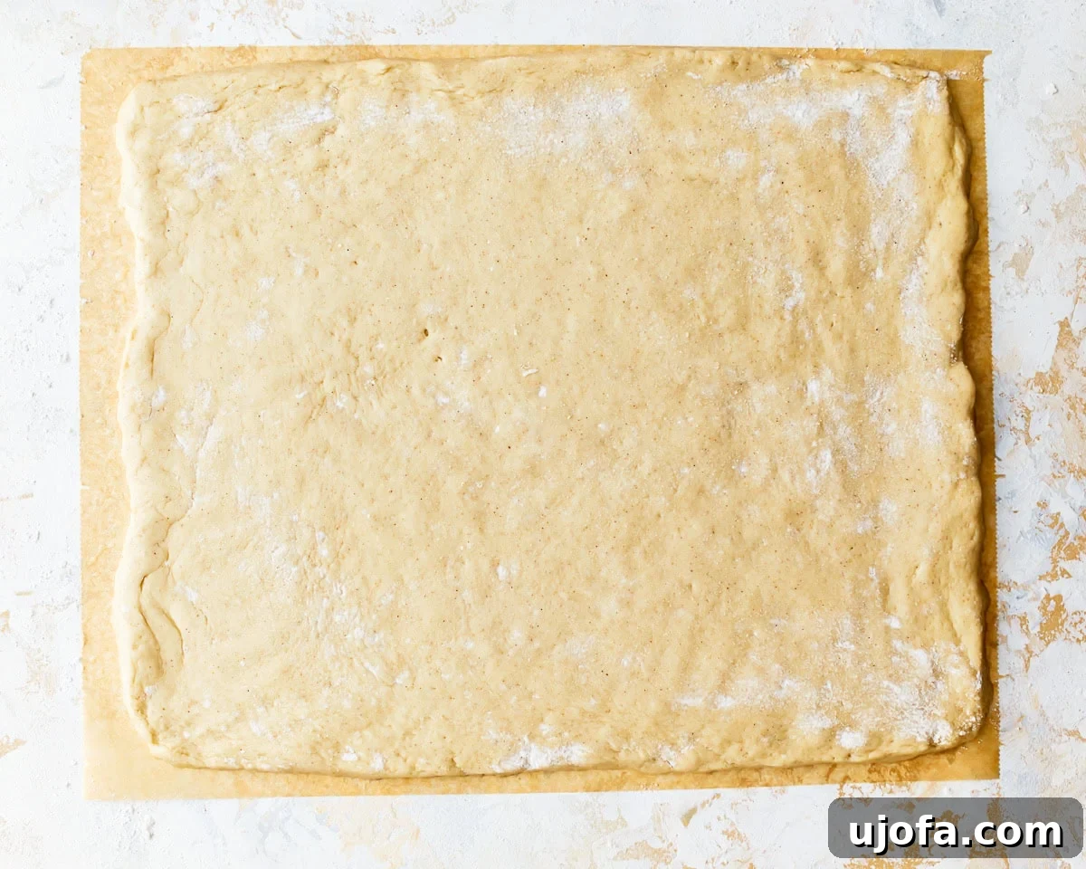 Irresistible Gluten-Free Cinnamon Buns 13 Gluten-free dough rolled out into a rectangular shape on parchment paper, lightly dusted with flour.