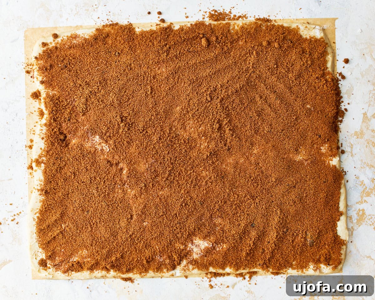 Irresistible Gluten-Free Cinnamon Buns 15 The buttered rectangle of dough, now generously sprinkled with the brown sugar and cinnamon filling.