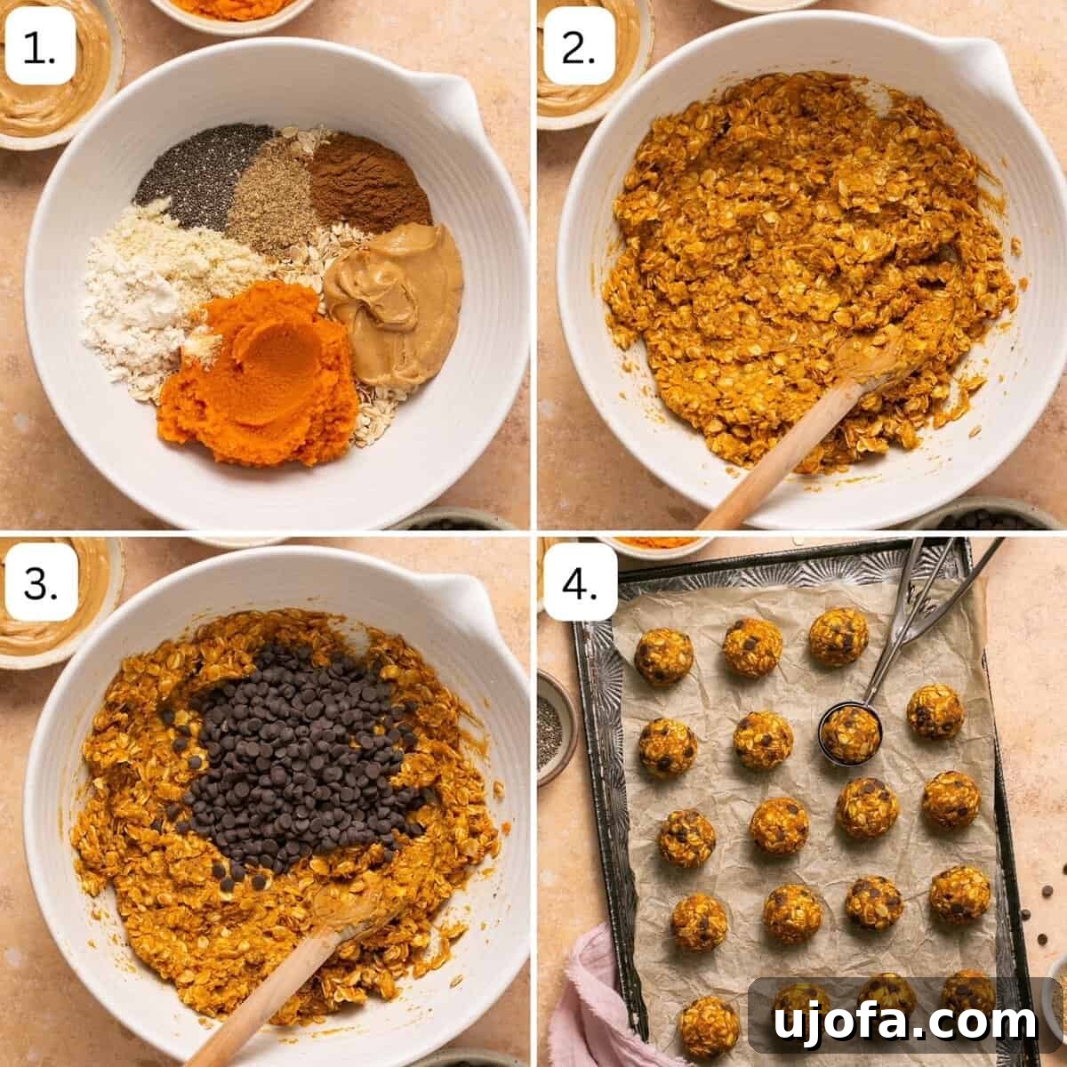 Step-by-step photos showing the process of making chocolate chip pumpkin bliss balls