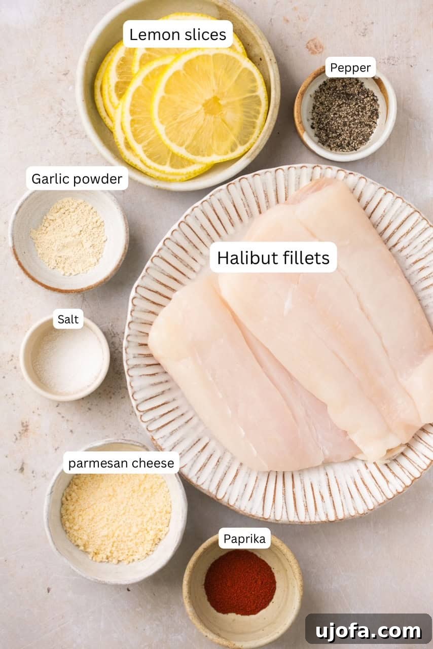 A collection of fresh recipe ingredients, including tender halibut fillets, bright lemon, savory parmesan cheese, and various spices, neatly arranged in nesting bowls on a kitchen counter.