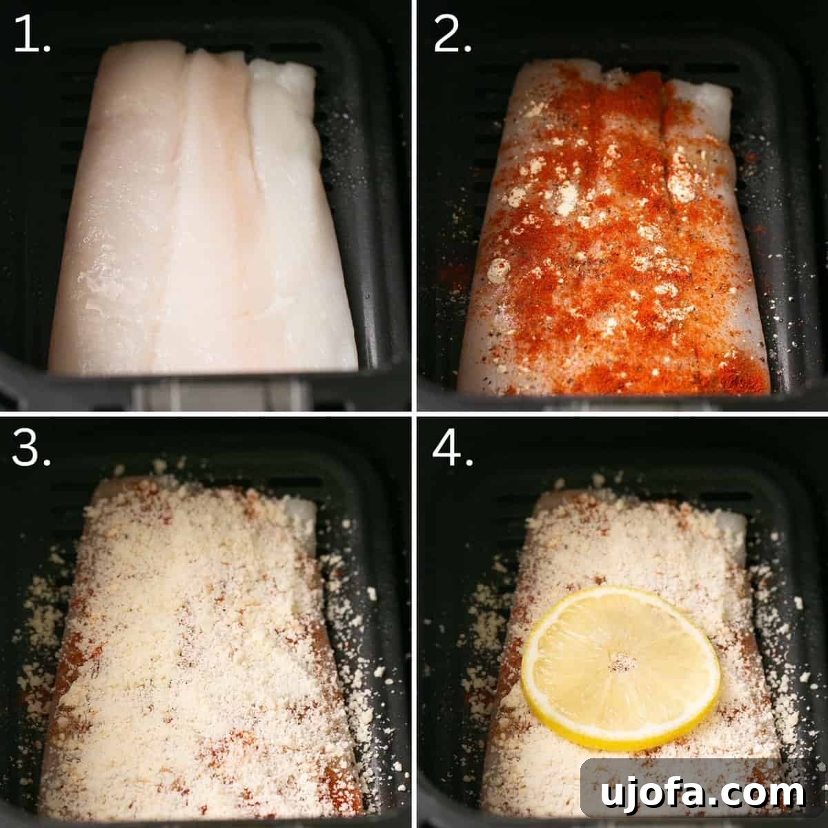Step-by-step photos illustrating the preparation of halibut before air frying, showing seasoning and lemon placement, ensuring every detail is clear.
