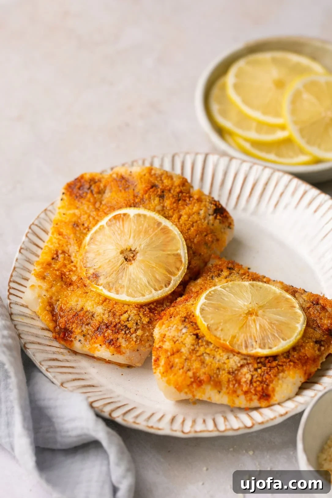 Two perfectly cooked halibut fillets elegantly arranged on a white plate, garnished with fresh lemon slices, highlighting their golden-brown crust and flaky, tender texture.