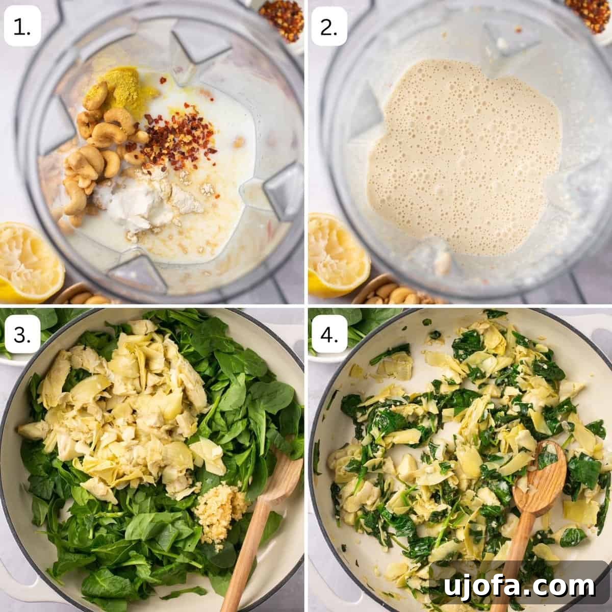 numbered step by step photos showing how to make this recipe for spinach artichoke pasta bake.
