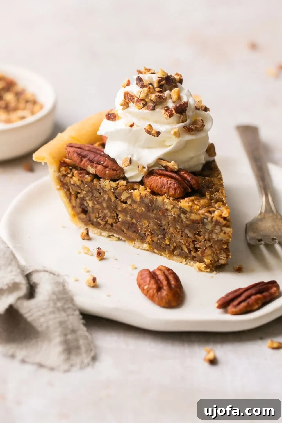 Pure Delight Gluten-Free Dairy-Free Pecan Pie No Corn Syrup 2 A beautifully sliced gluten-free pecan pie, topped with light whipped cream and chopped pecans, presented on an elegant white plate.
