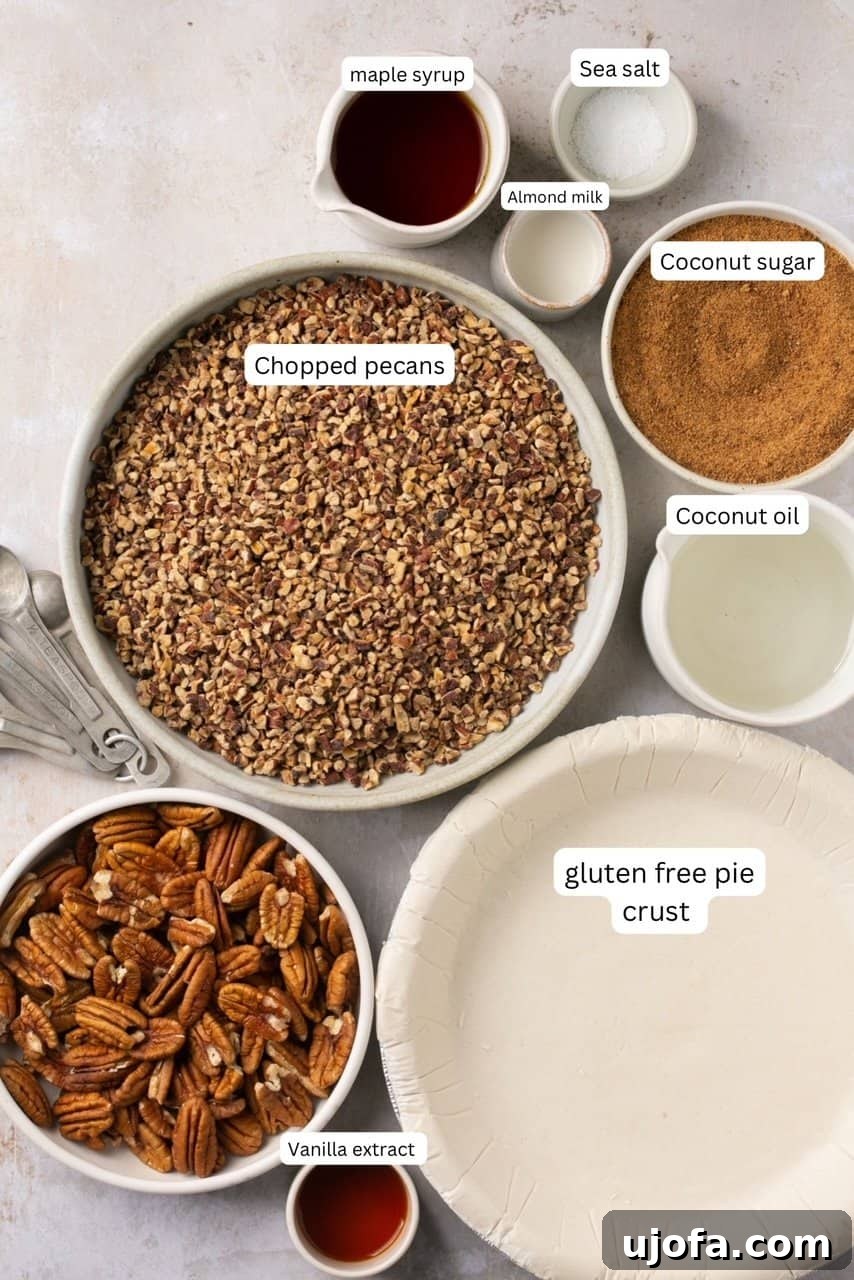 Pure Delight Gluten-Free Dairy-Free Pecan Pie No Corn Syrup 3 A clean, organized photograph of all recipe ingredients laid out in nesting bowls and clearly labeled for easy identification.