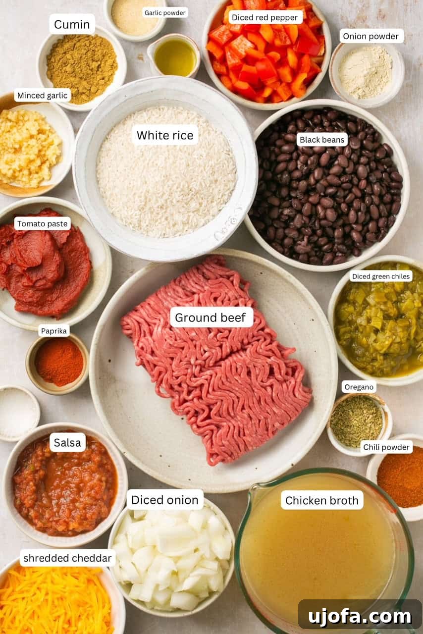 A collection of labeled recipe ingredients neatly arranged in nesting bowls, ready for preparing a delicious taco in a bowl meal.