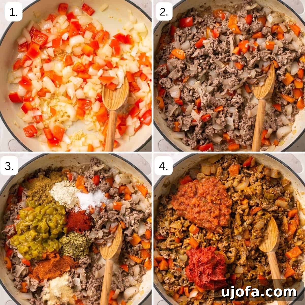 A four-quadrant photo collage illustrating the initial steps of preparing the taco in a bowl recipe, from sautéing vegetables to browning ground beef.