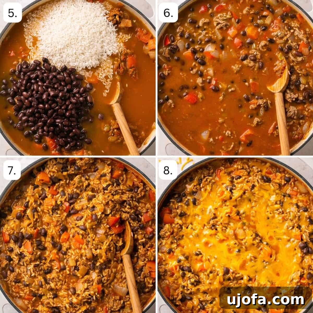 Another four-quadrant photo collage showing the later stages of the taco in a bowl recipe, including adding rice and broth, simmering, and melting cheese.