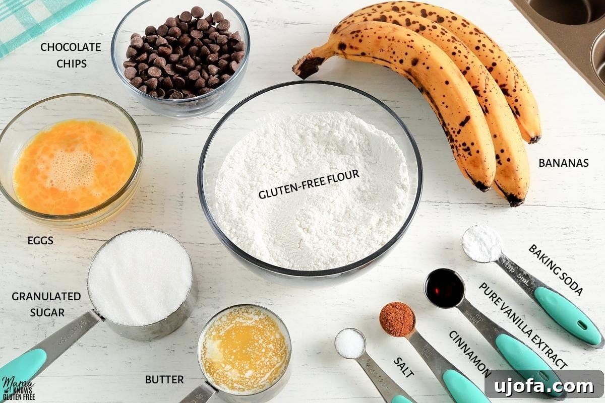 Irresistible Gluten-Free Banana Muffins 3 A collage showing all the simple ingredients required to make delicious gluten-free banana muffins laid out on a kitchen surface.