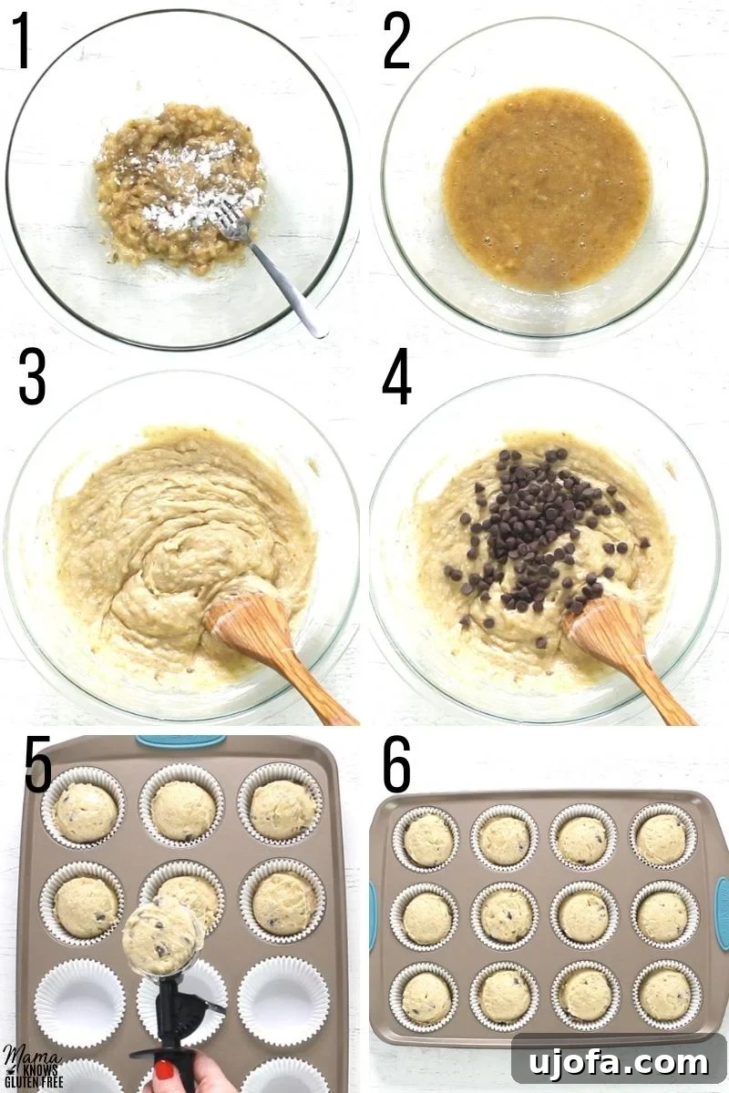 Irresistible Gluten-Free Banana Muffins 4 A photo collage showing steps 1 through 6 of the gluten-free banana muffin recipe, illustrating the preparation process.