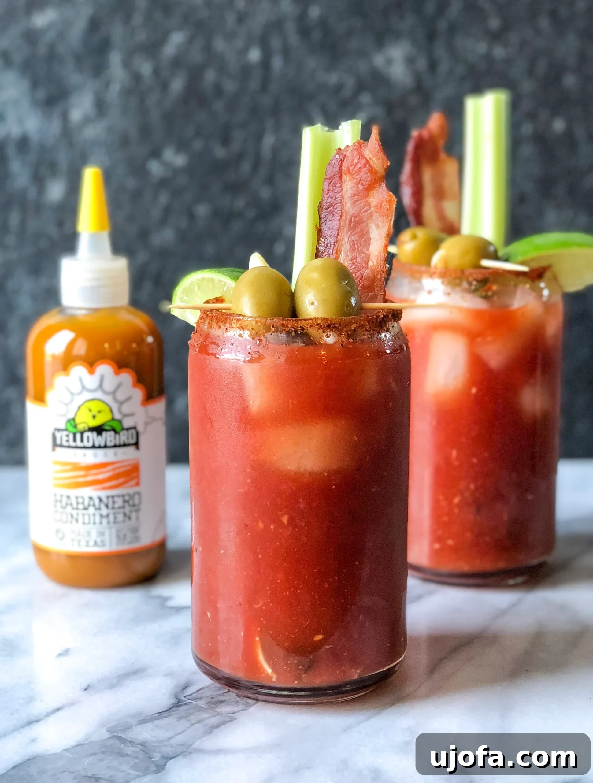 Volcanic Bloody Mary 2 Spicy Habanero Bloody Mary with fresh garnishes on a rustic table, perfect for brunch or tailgating.