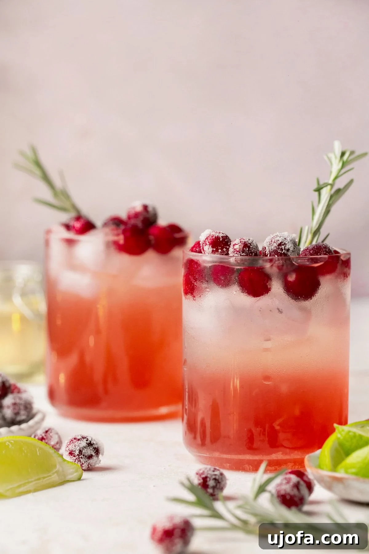 Evergreen Kiss Martini 6 Close-up of two Mistletoe Martinis, exquisitely garnished with sparkling sugared cranberries and fresh rosemary sprigs, ready to be enjoyed.
