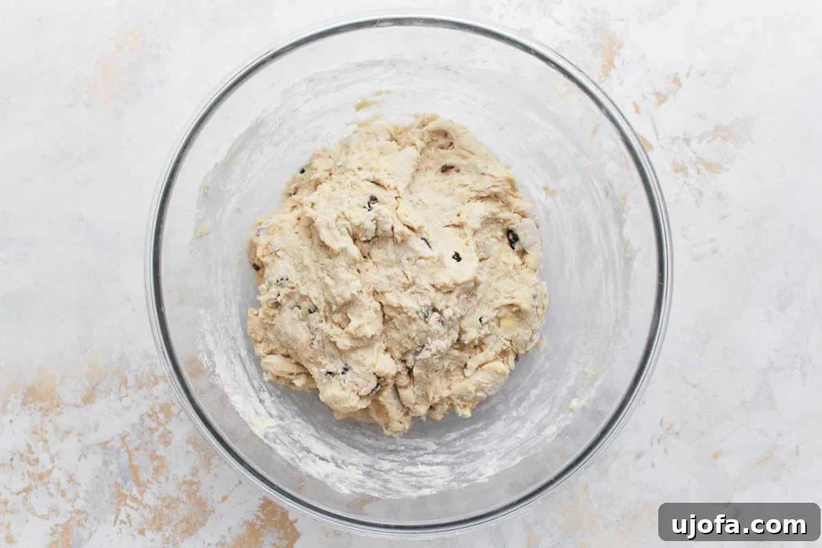 Deliciously Simple Gluten-Free Irish Soda Bread 10 A mixing bowl with combined dough and raisins, showing a rustic texture, prepared for baking
