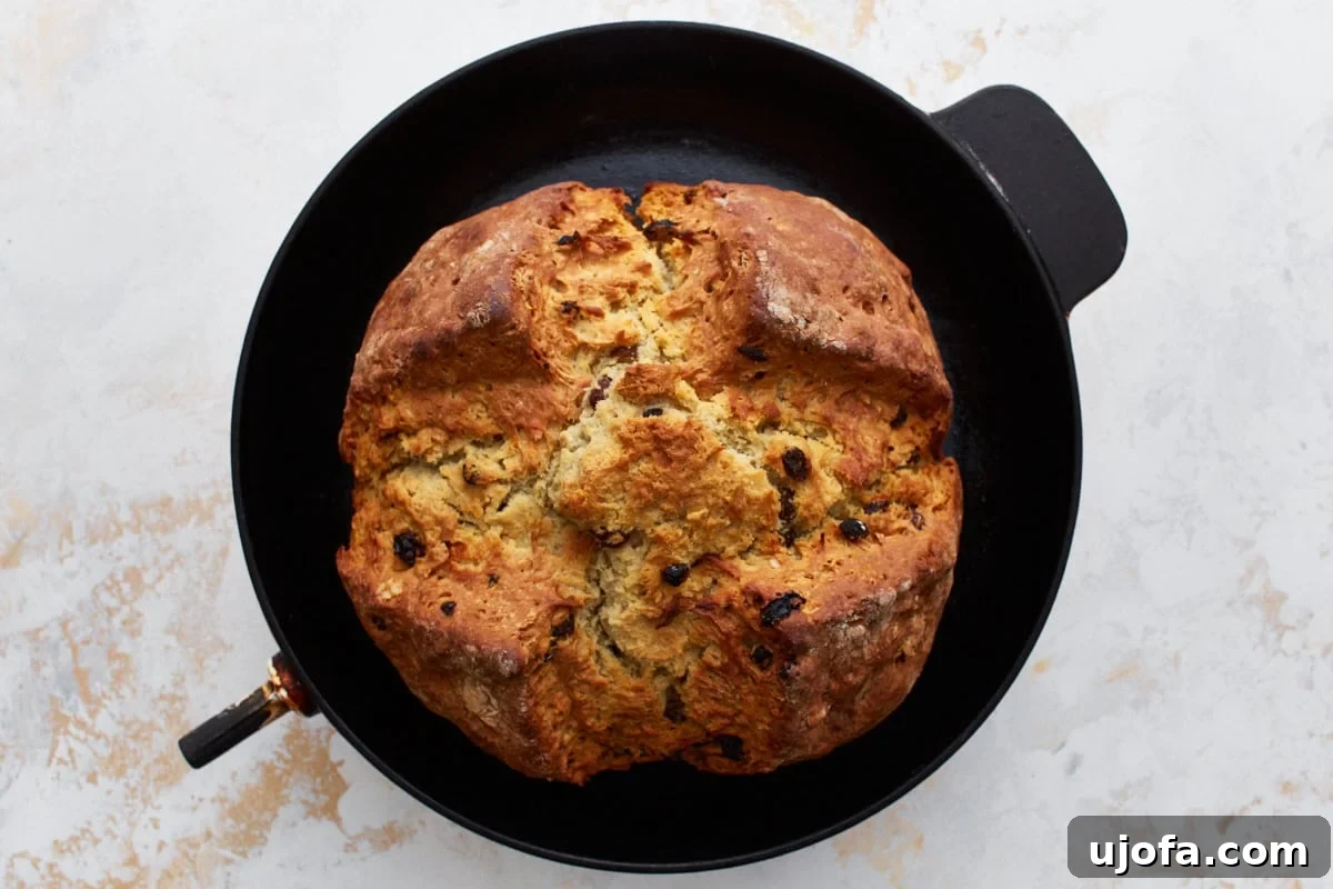 Deliciously Simple Gluten-Free Irish Soda Bread 16 A baked loaf of golden-brown gluten-free Irish soda bread in a cast iron skillet, with a scored cross pattern on top