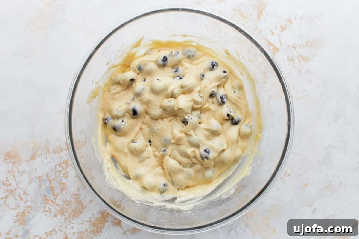 Deliciously Easy Gluten-Free Blueberry Muffins 11 Muffin batter gently folded with blueberries in a large glass bowl, showing the even distribution of fruit throughout the mixture.