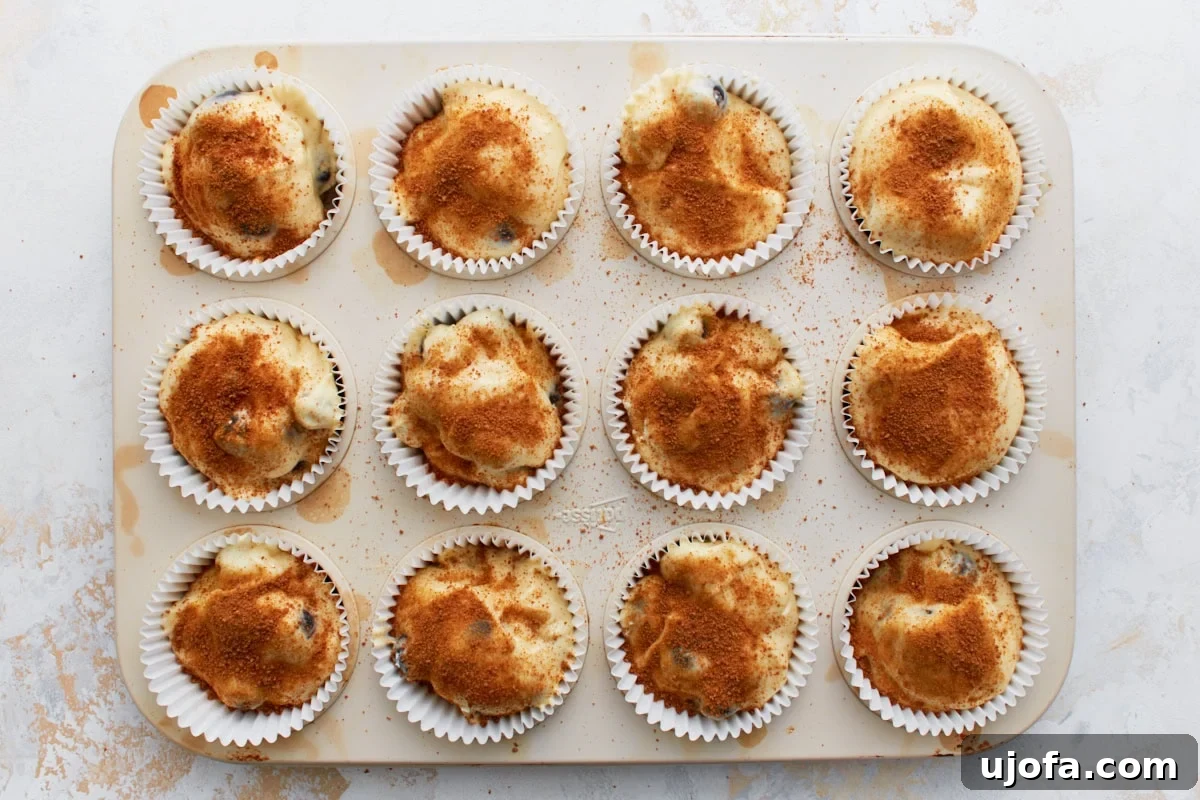 Deliciously Easy Gluten-Free Blueberry Muffins 13 Overhead view of a muffin tin filled with unbaked gluten-free blueberry muffin batter, each portion generously topped with a sprinkle of coarse turbinado sugar.