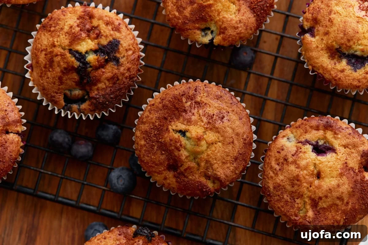 Deliciously Easy Gluten-Free Blueberry Muffins 15 Close-up of freshly baked gluten-free blueberry muffins cooling on a wire rack, featuring their rich, golden tops and visible blueberries.