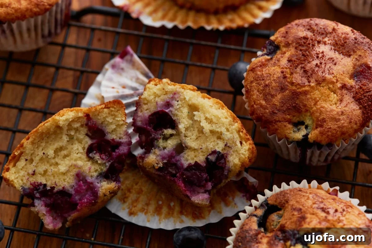 Deliciously Easy Gluten-Free Blueberry Muffins 16 One gluten-free blueberry muffin expertly cut in half to showcase its soft, fluffy crumb and abundant, juicy blueberries, surrounded by whole muffins on a cooling rack.
