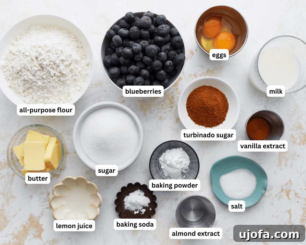 Deliciously Easy Gluten-Free Blueberry Muffins 4 Easy gluten-free blueberry muffin ingredients laid out on a kitchen counter, including flour, sugar, butter, eggs, milk, and fresh blueberries.