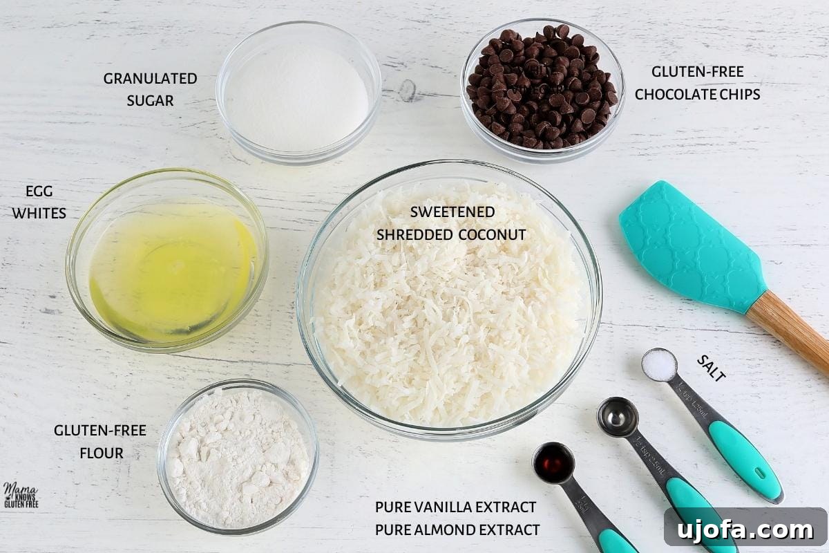 Sweet & Chewy Gluten-Free Coconut Macaroons 3 A collage of ingredients required to make gluten-free coconut macaroons, including egg whites, sugar, extracts, gluten-free flour, and shredded coconut.