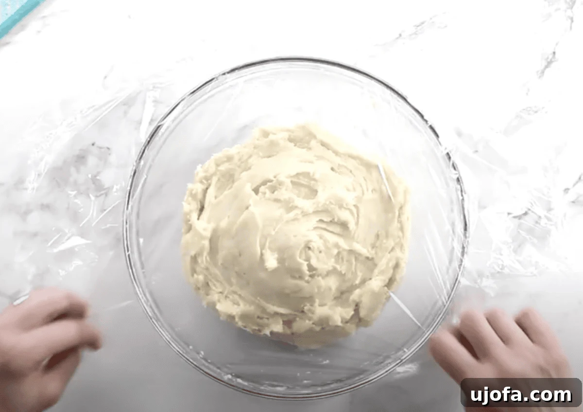 The bowl of Danish dough is covered tightly with plastic wrap to be placed in the freezer.