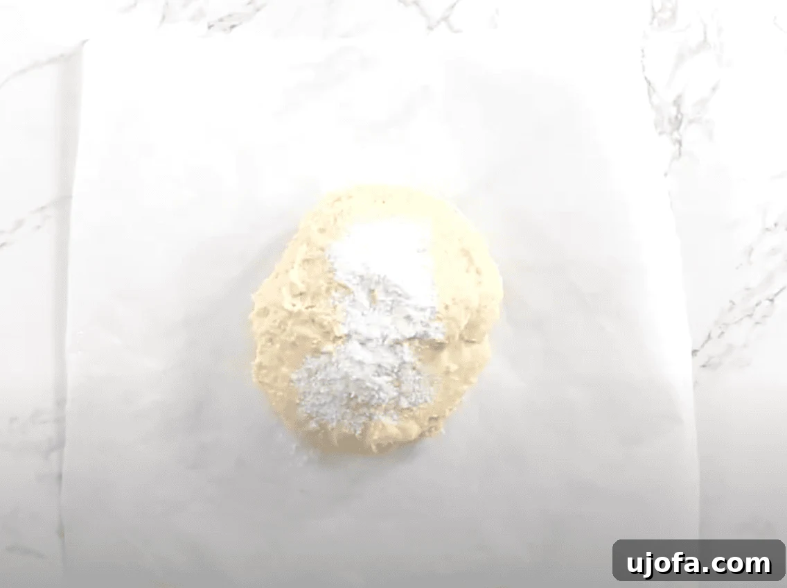 The top of the dough is dusted with flour, preparing it for the folding process.