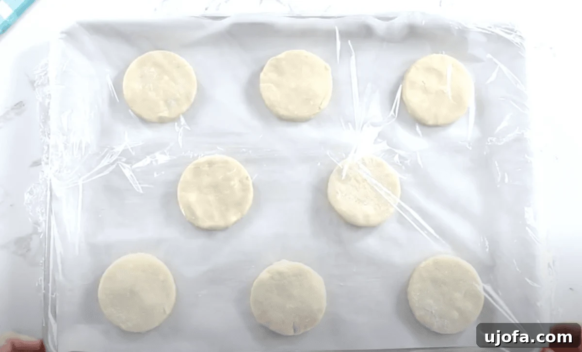 Nine evenly spaced dough rounds arranged on a parchment-lined baking sheet, covered with plastic wrap for proofing.