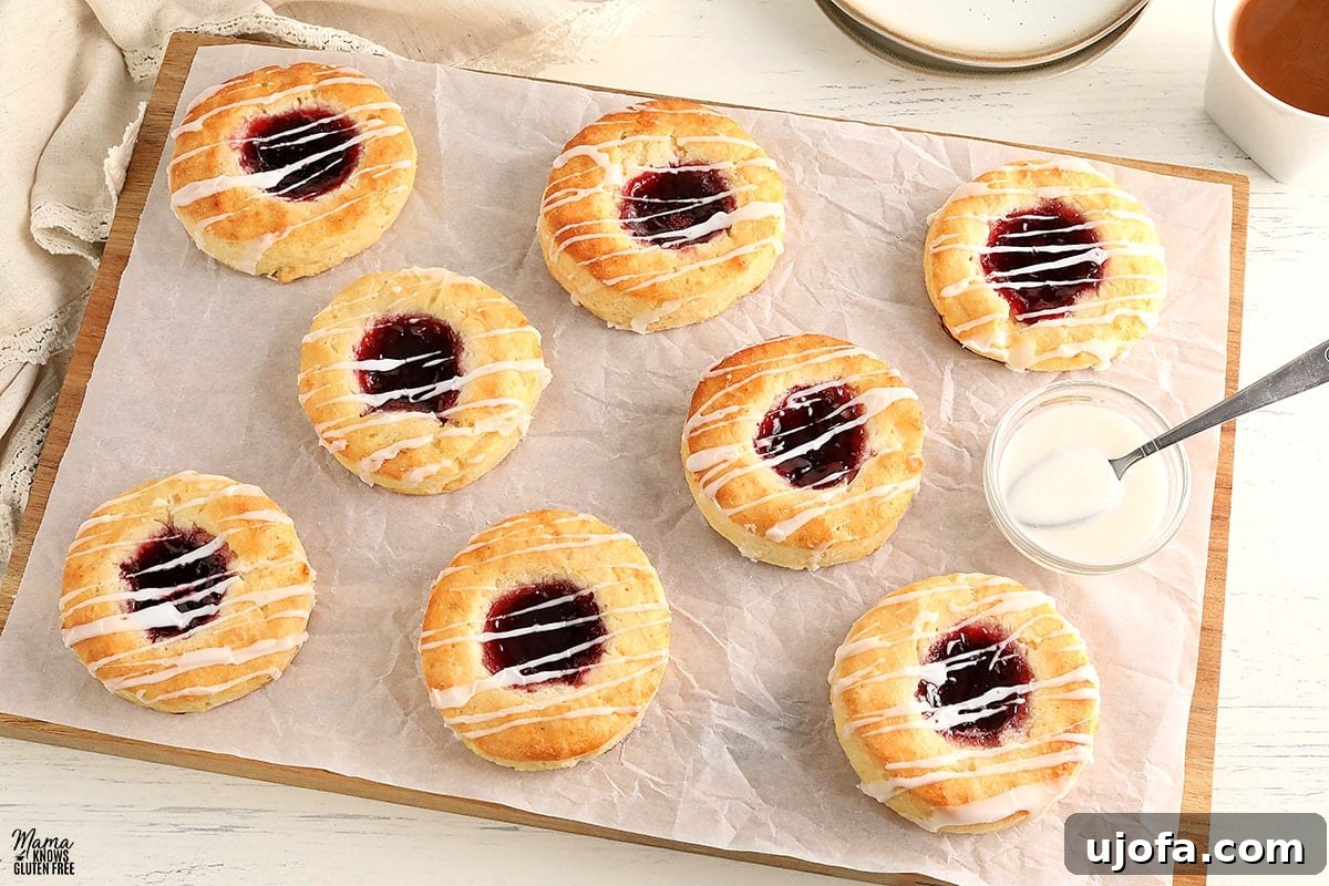 Gluten-free Danish on parchment paper with a bowl of glaze and a spoon for drizzling