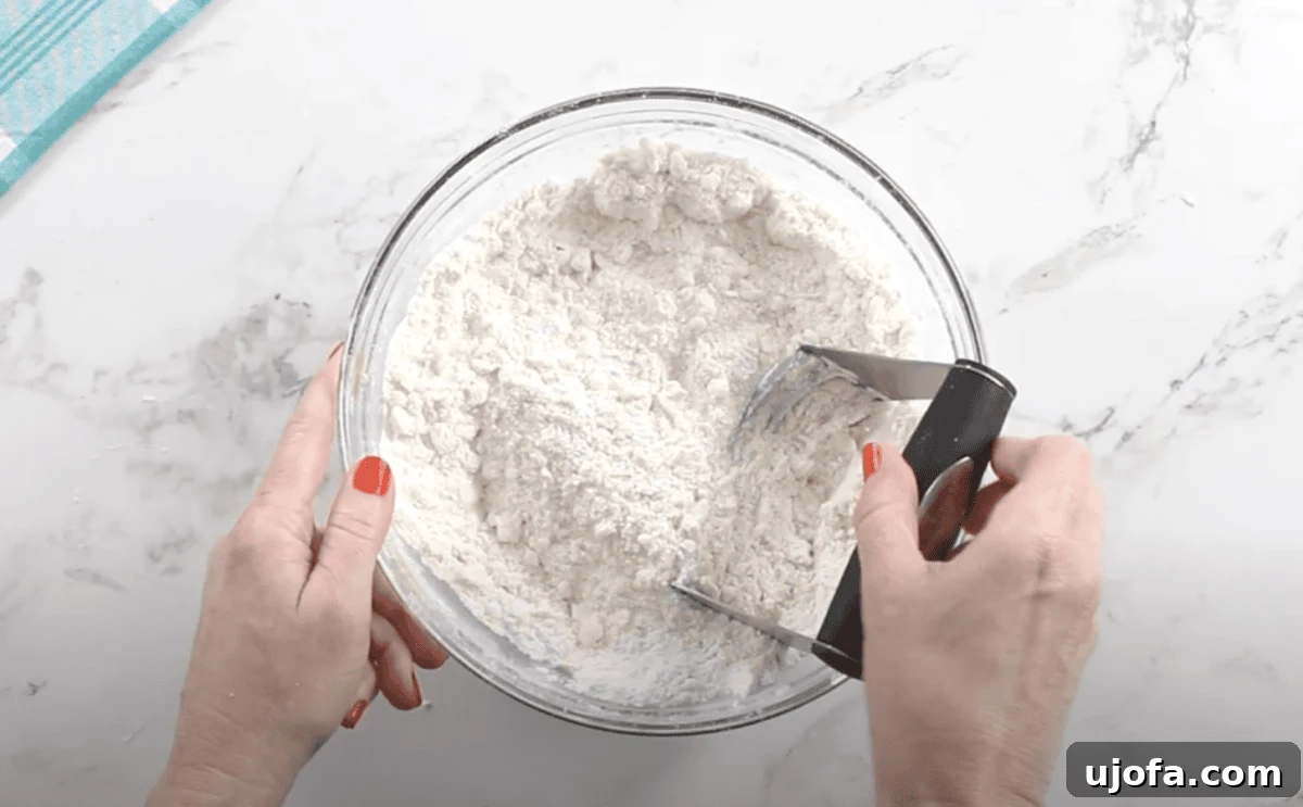 A person uses a pastry cutter to incorporate the butter into the flour mixture, creating a coarse, crumbly texture.