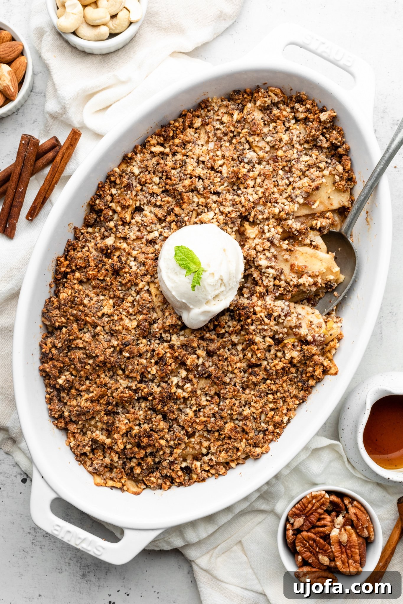 Close-up of baked Paleo Apple Crisp showing the golden, crunchy topping