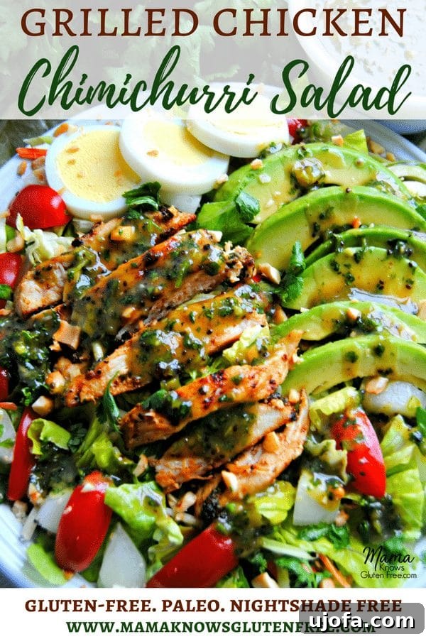 Pinterest pin for Grilled Chicken Chimichurri Salad, highlighting its nightshade-free, gluten-free, paleo, and dairy-free attributes with a visual of the salad.