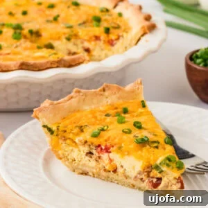 Gluten Free Brunch Delights 19 A perfect slice of golden-brown gluten-free quiche on a white plate, adorned with a sprinkle of fresh green onions, with the rest of the quiche visibly in the background.