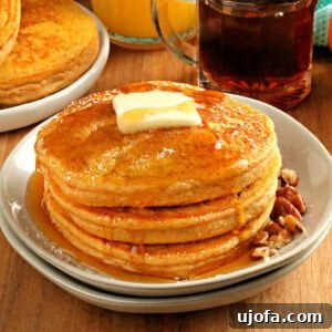 Gluten Free Brunch Delights 9 A delightful stack of gluten-free pumpkin pancakes, generously topped with melting butter and a rich drizzle of syrup, presented on a white plate. More pancakes and syrup are visible in the background.