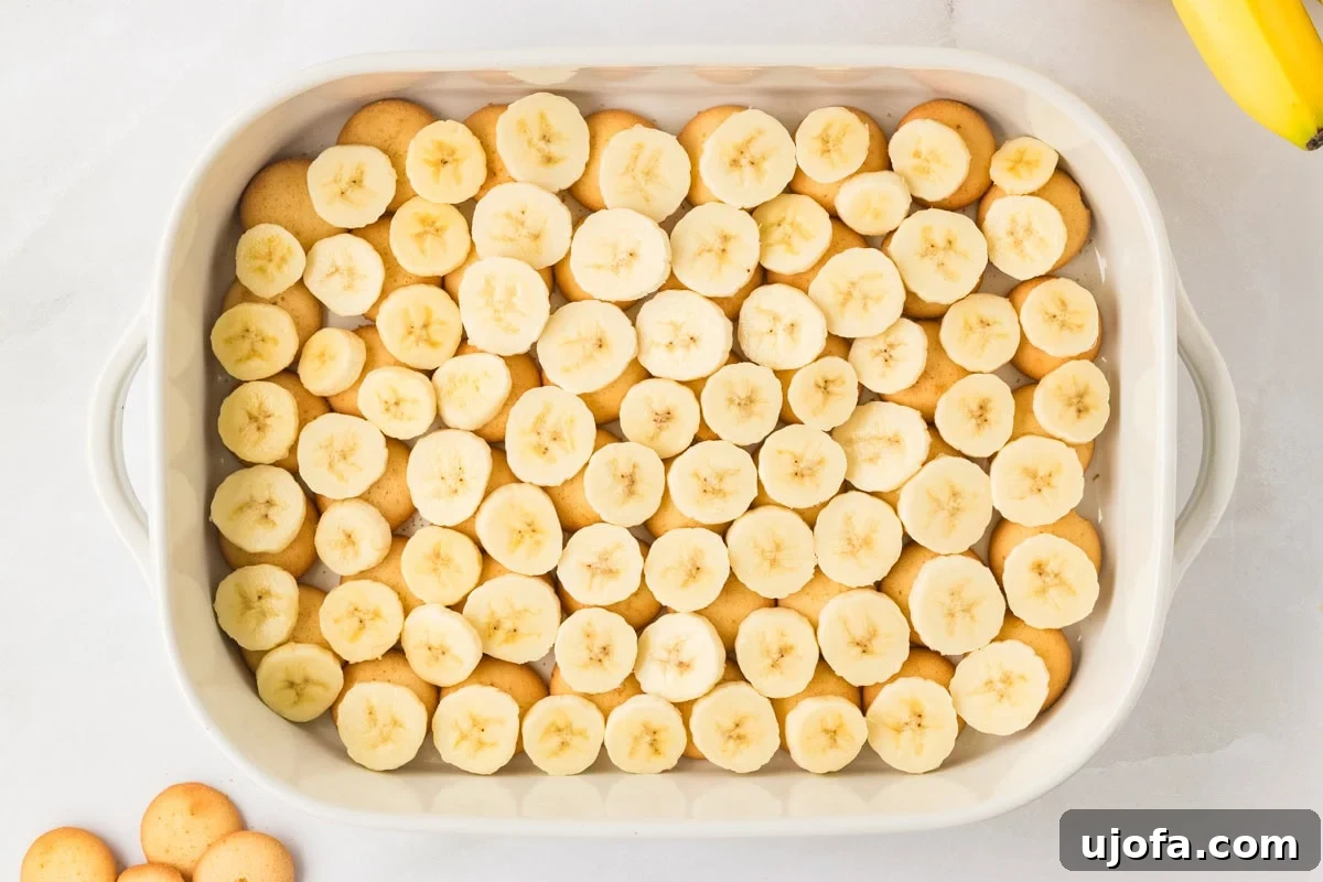 Layer of sliced bananas arranged evenly over the gluten-free vanilla wafer cookies in a white baking dish.