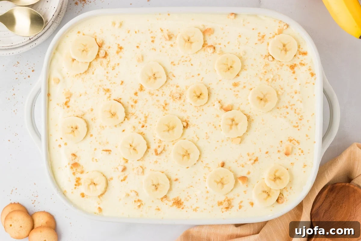 Overhead view of a fully assembled gluten-free banana pudding topped with banana slices and crumbled gluten-free vanilla wafers, with bananas, cookies, and serving utensils nearby.