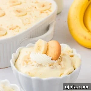 Close-up of a serving of gluten-free banana pudding in a white scalloped bowl, topped with whipped cream, a banana slice, and a gluten-free vanilla wafer cookie. A large dish of banana pudding and whole bananas are in the background.