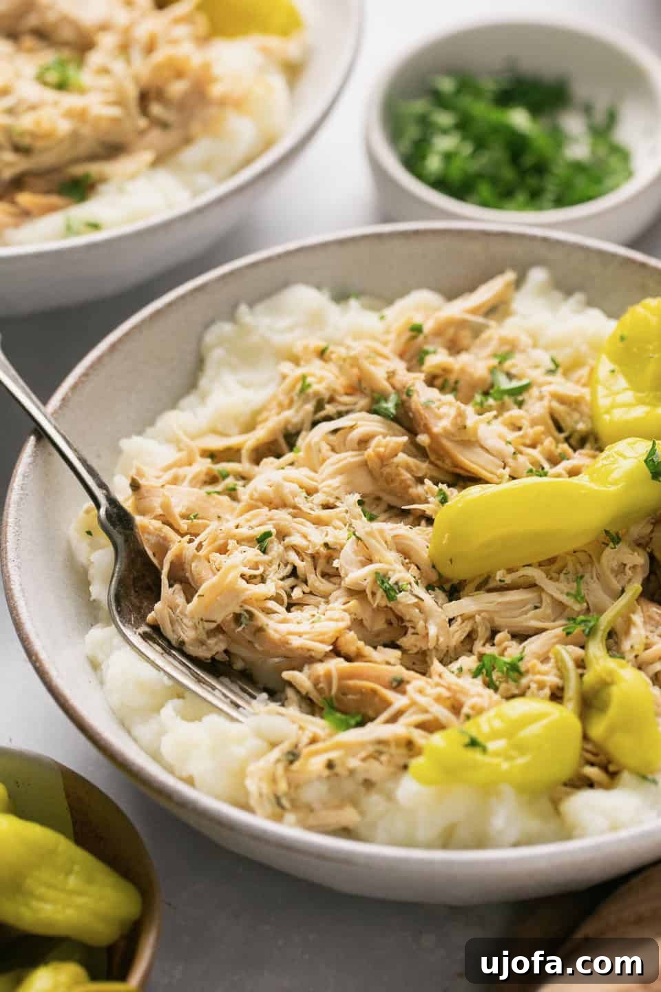 Mississippi Chicken Three Simple Variations 2 A white bowl filled with creamy mashed potatoes, topped generously with shredded Mississippi chicken and bright pepperoncini peppers, ready to be enjoyed.