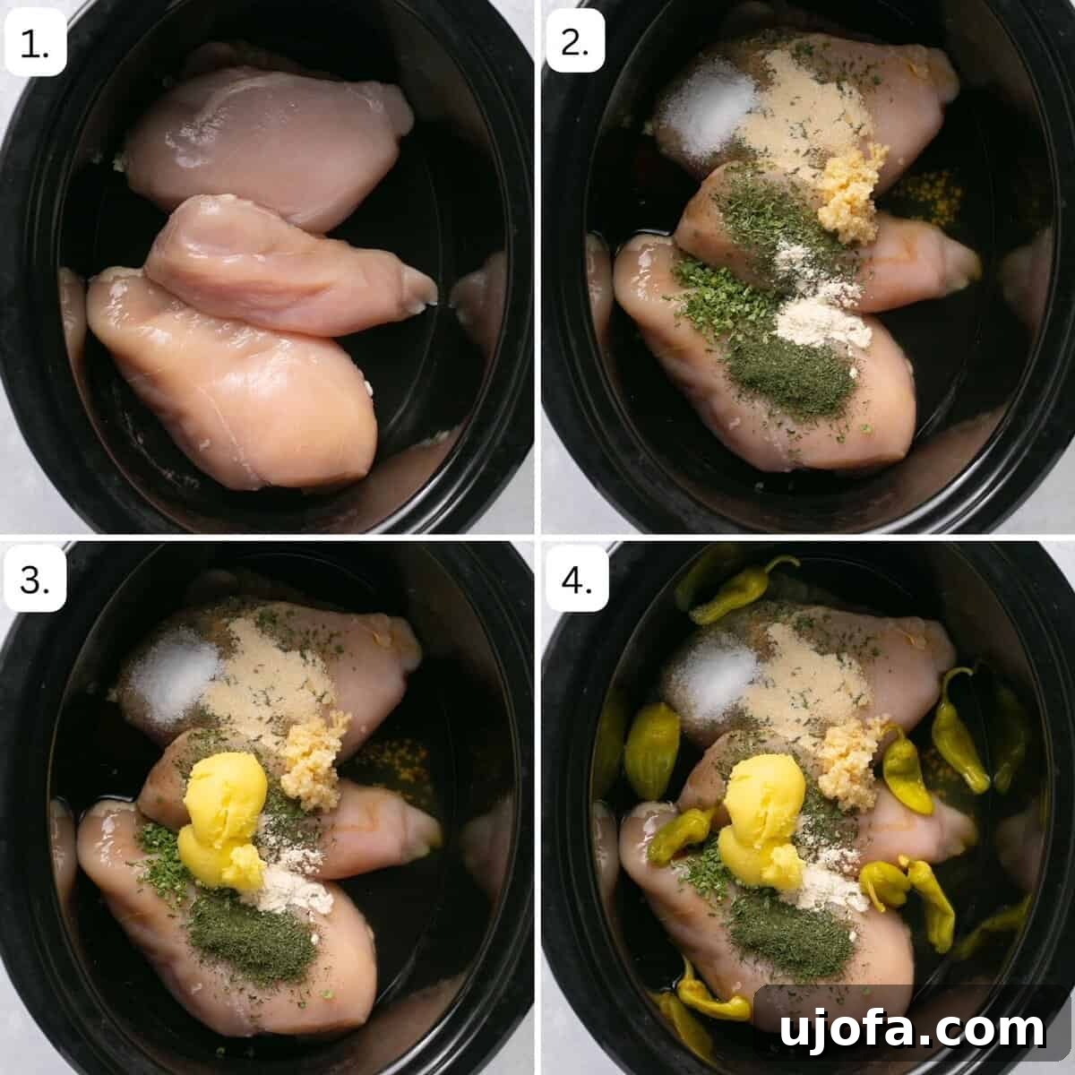 Mississippi Chicken Three Simple Variations 4 A series of numbered step-by-step photos illustrating the preparation process of Mississippi Chicken, from assembling ingredients to cooking in a slow cooker.