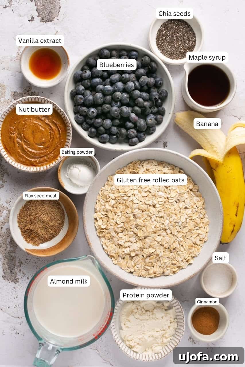 Labeled recipe ingredients in nesting bowls, ready for baking