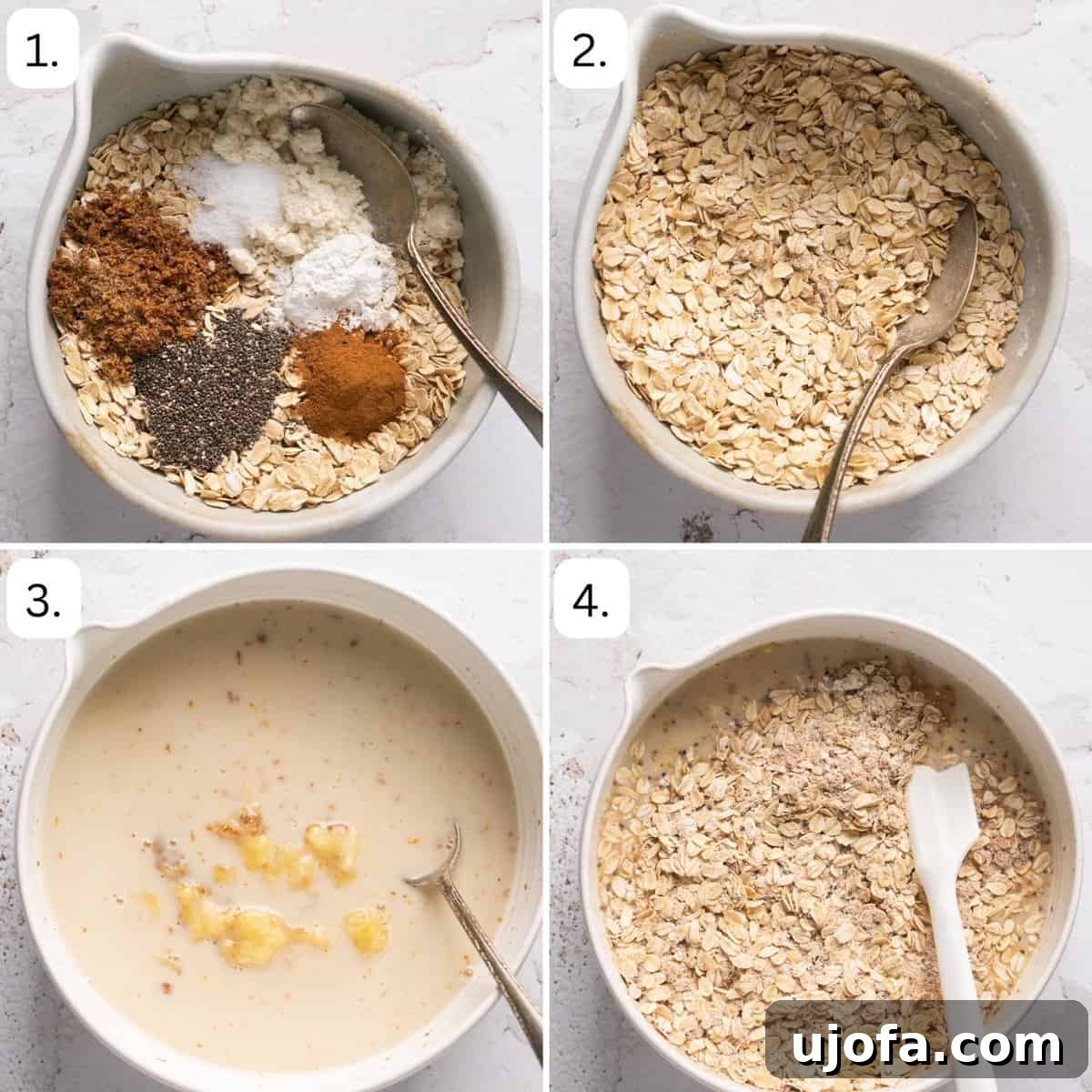 Numbered step-by-step photos showing the preparation of vegan baked oats