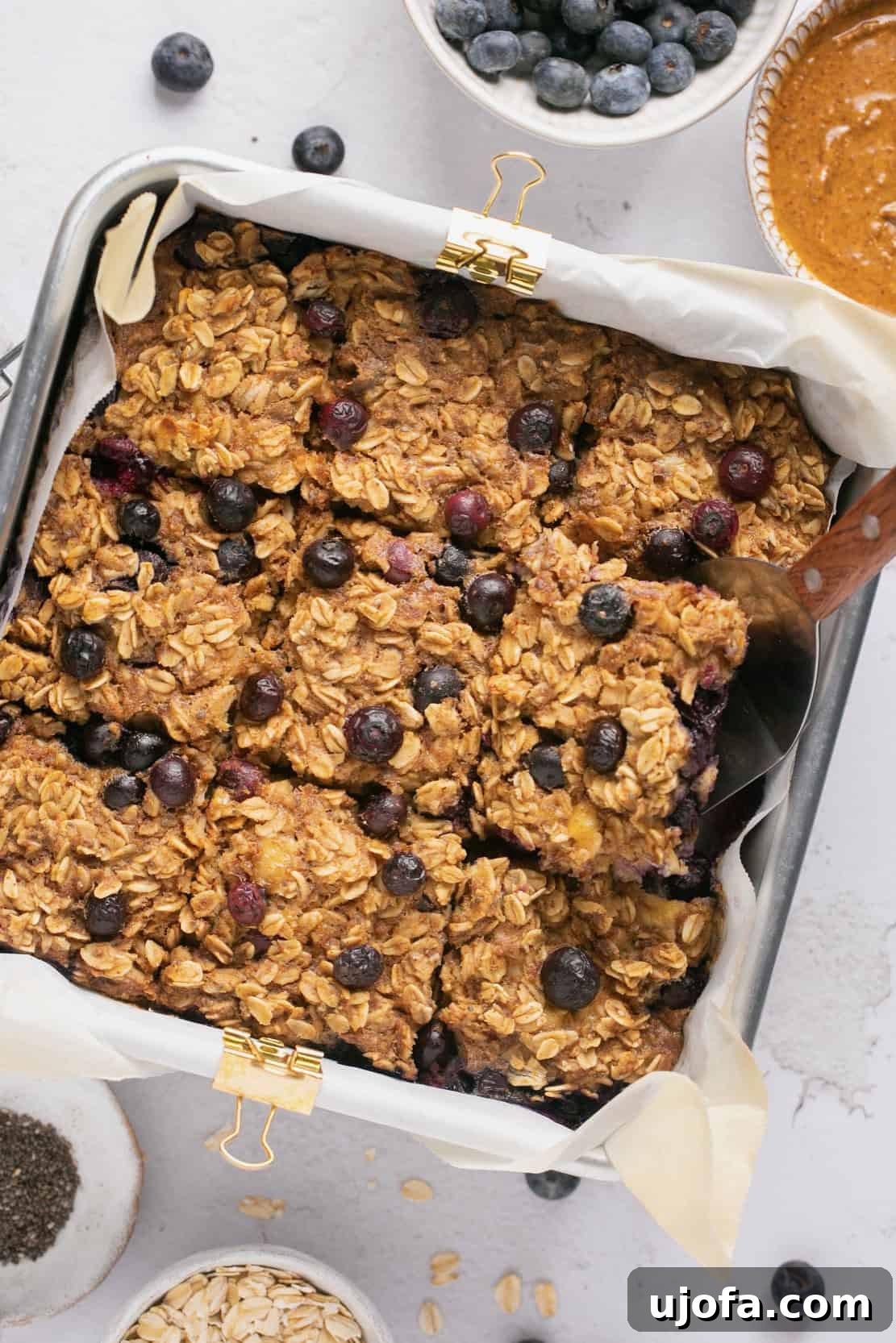 Vegan baked oats in a baking dish, topped with blueberries and neatly cut into squares