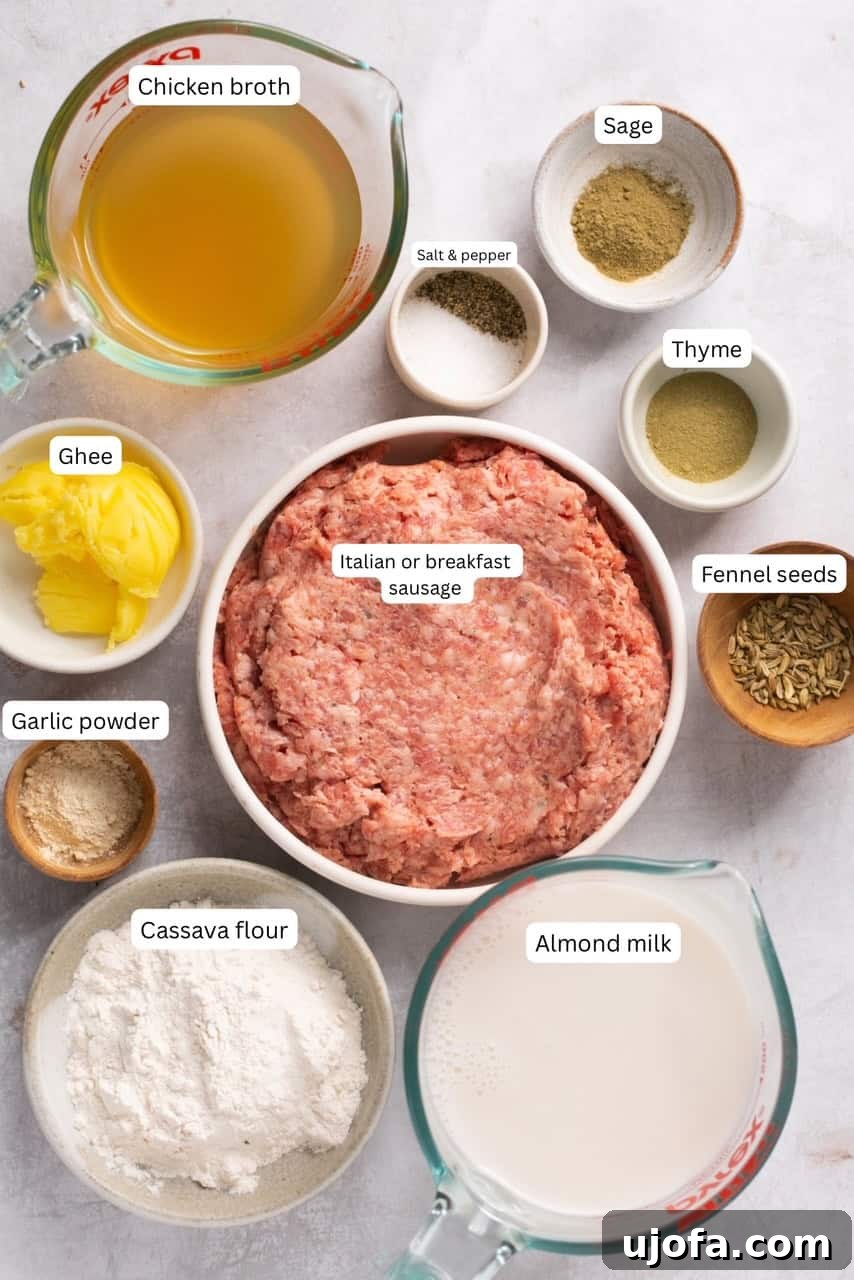 A vibrant display of fresh ingredients for sausage gravy, including ground sausage, various spices, ghee, cassava flour, and almond milk, neatly arranged in nesting bowls.