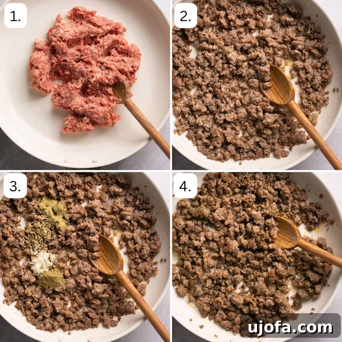 Numbered step-by-step photos illustrating the process of browning breakfast sausage with sage and fennel seeds in a skillet.