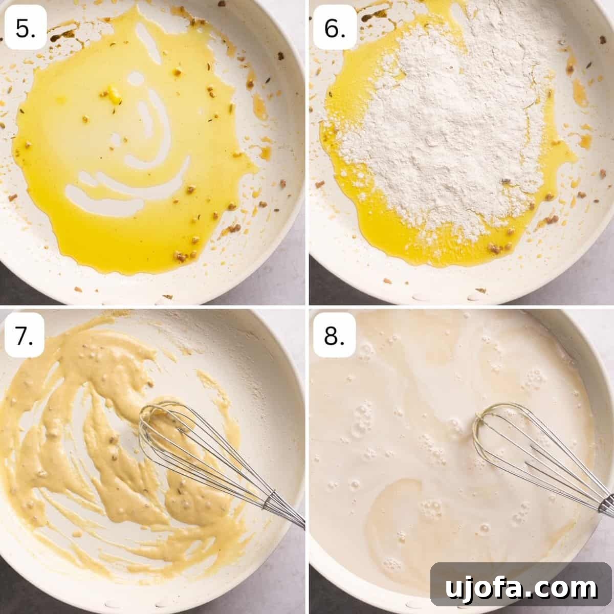 Numbered step-by-step photos detailing the creation of the creamy gravy base, showing ghee, cassava flour, milk, and broth being whisked in a skillet.
