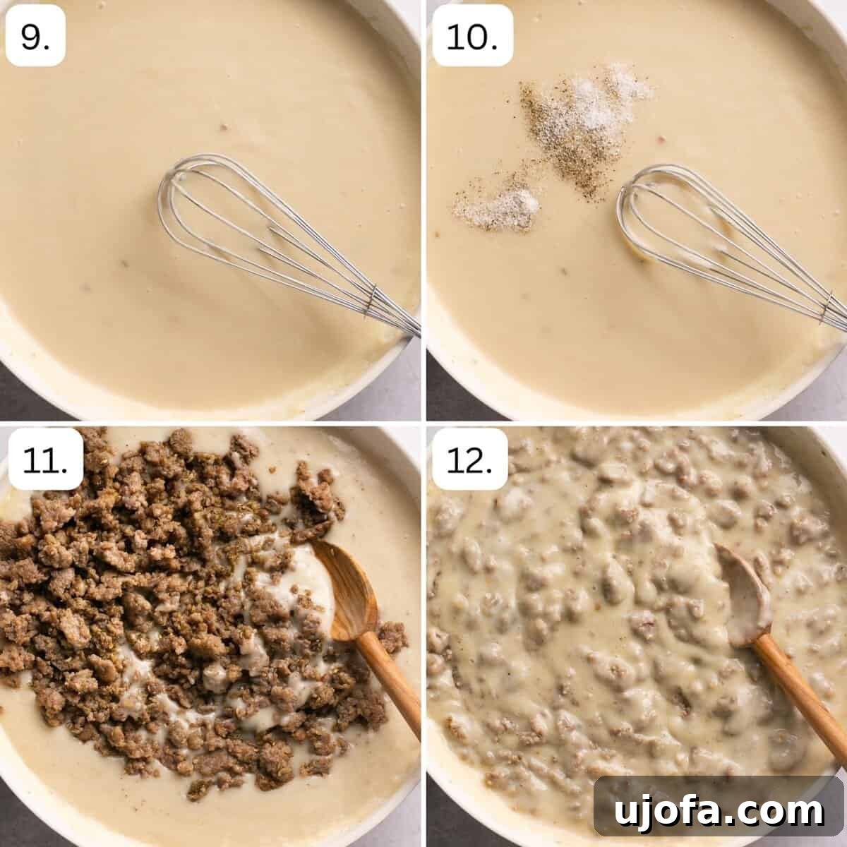Numbered step-by-step photos illustrating the final assembly of the sausage and gravy, ready for serving.