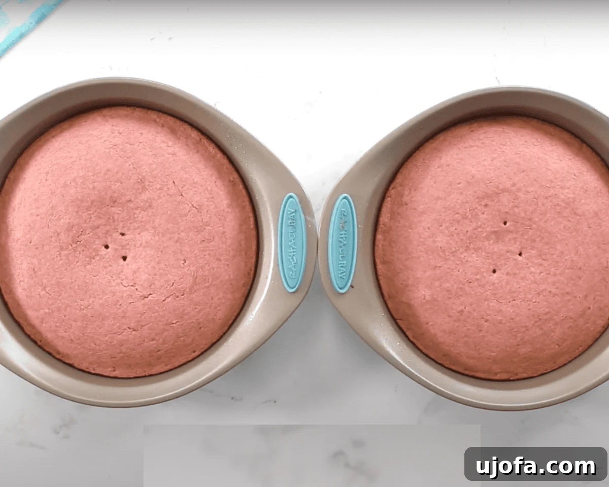 Luscious Strawberry Gluten-Free Cake 15 Two freshly baked gluten-free strawberry cakes in round pans with a golden-pink hue. The cakes have a few small air holes on the surface.