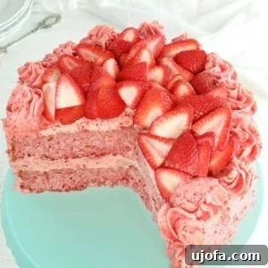 gluten-free strawberry cake on a blue cake plate