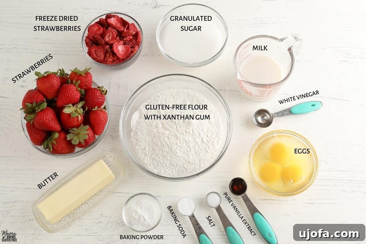 Luscious Strawberry Gluten-Free Cake 4 A collection of ingredients laid out on a kitchen counter for making gluten-free strawberry cake, including fresh strawberries, flour, butter, and eggs.