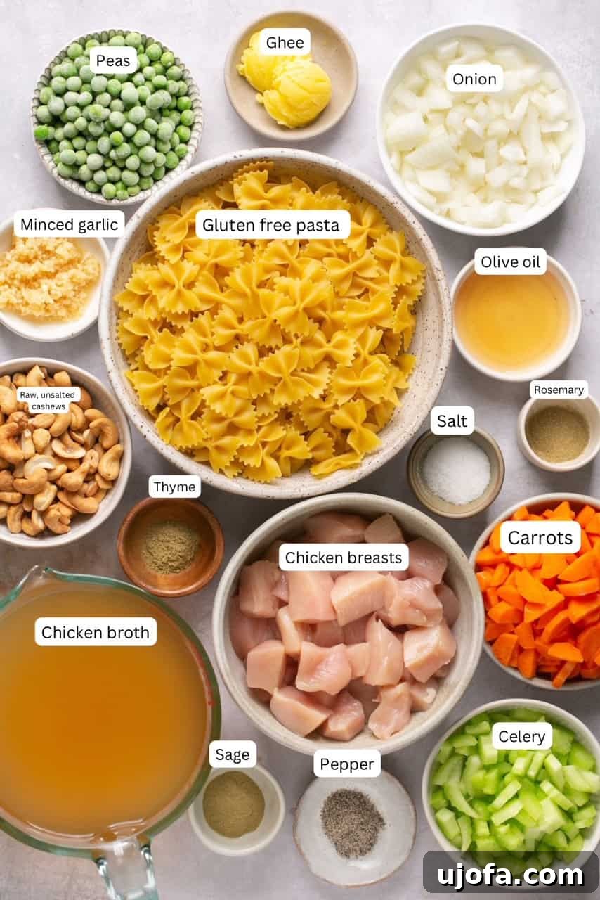 A curated display of raw recipe ingredients: boneless chicken breast, gluten-free pasta, raw cashews, fresh carrots, celery, onion, garlic cloves, frozen peas, chicken broth, cooking sherry, ghee, and dried herbs.
