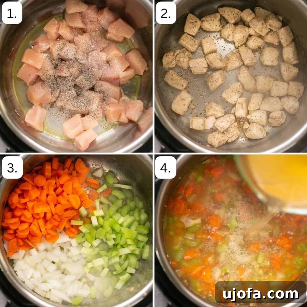 A series of numbered step-by-step photos illustrating the preparation of Instant Pot chicken and noodles, from sautéing chicken and vegetables to combining ingredients and achieving the perfect creamy texture.